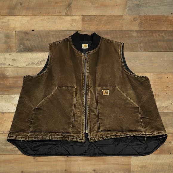 Vintage Carhartt VO2 Work Vest Mens 2XL Brown Duck Canvas Insulated Zip USA